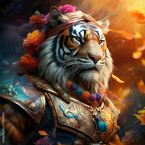 A tiger as a chinese chivalrous warrior fighting