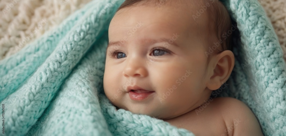 a close up of a baby laying on a blanket with a blanket on it's head and a blue blanket over it's head with a smiling baby's face. a close up of a baby laying on a blanket with a blanket on it's head and a blue blanket over it's head with a smiling baby's face.