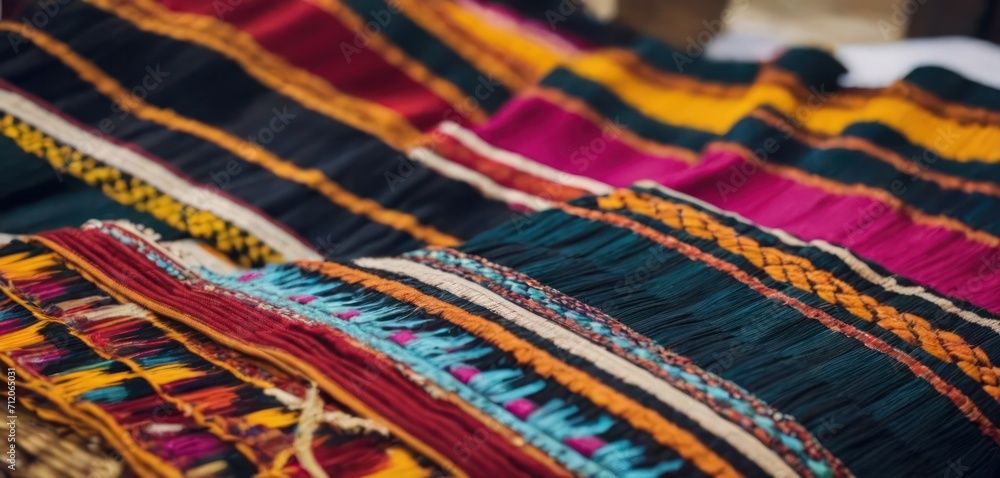  a close up of a multicolored blanket that is laying on top of a wooden table with a white table cloth on top of it and a wooden table.