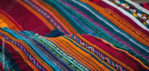  a close up of a multicolored blanket that is laying on top of a wooden table next to a cup of coffee on top of a saucer next to it.