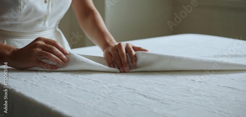  a close up of a person wrapping a sheet of paper on top of a sheet of paper on top of a sheet of paper on top of a sheet of paper on a bed.