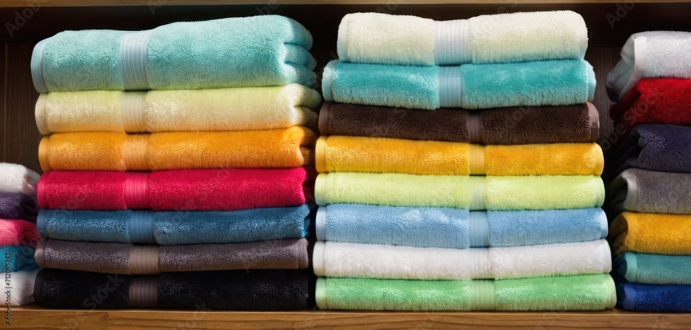 a bunch of towels stacked on top of each other in a wooden shelf next to a pile of towels on top of each other in front of a wooden shelf. a bunch of towels stacked on top of each other in a wooden shelf next to a pile of towels on top of each other in front of a wooden shelf.