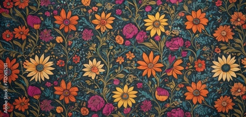  a floral wallpaper with many different colors and sizes of flowers on a blue background with red, orange, yellow, and pink flowers on the bottom half of the wall.