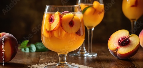  a close up of a glass of liquid with sliced peaches on a table next to a couple of glasses with peaches on the side of the same glass.