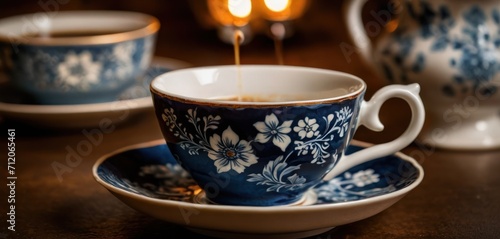  a close up of a cup on a saucer with a saucer on the side and a teapot on the other side with a lit candle in the background.