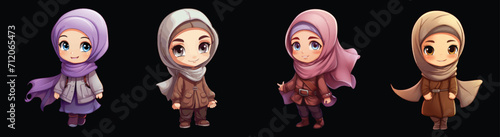 groupset vector illustration of cartoon Muslim women wearing head coverings and hijabs