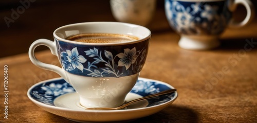  a close up of a cup of coffee on a saucer with a spoon on a table next to a cup of coffee and another cup on a saucer.