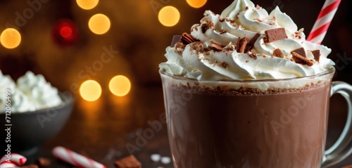  a cup of hot chocolate with whipped cream and candy canes on a table next to a bowl of candy canes and a christmas tree with lights in the background.