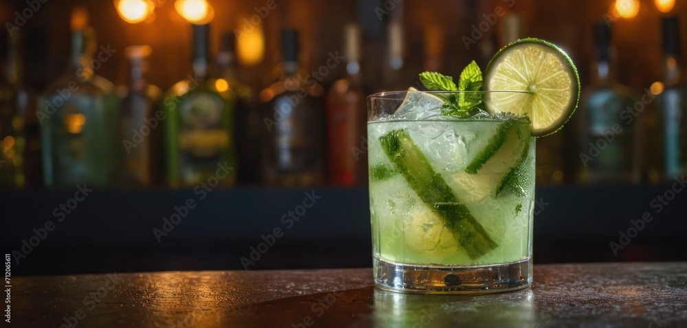 a close up of a glass of a drink with a lime slice on the rim and a lime wedge in the middle of the glass, on a bar with bottles in the background. a close up of a glass of a drink with a lime slice on the rim and a lime wedge in the middle of the glass, on a bar with bottles in the background.