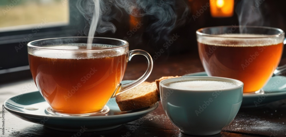 a couple of cups of tea sitting on top of a table next to a plate with a piece of bread and a cup of tea on top of the table. a couple of cups of tea sitting on top of a table next to a plate with a piece of bread and a cup of tea on top of the table.