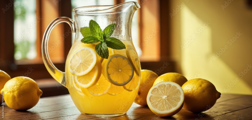 a pitcher of lemonade sitting on top of a wooden table next to lemons and a few slices of lemons on the side of the pitcher of the pitcher. a pitcher of lemonade sitting on top of a wooden table next to lemons and a few slices of lemons on the side of the pitcher of the pitcher.