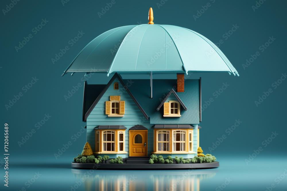 Real estate mortgage protection security safety business investment, home insurance residential home concept. Close-up house under green umbrella on blue studio background. Copy paste place for text