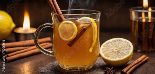 a cup of hot tea with cinnamon, lemon, and a slice of lemon on a table next to some cinnamons and a lit candle with a cinnamon stick.