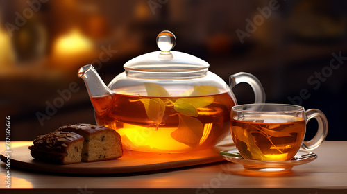 Transparent Tea pot with tea and eats, Caffeine, Asian drink, energy