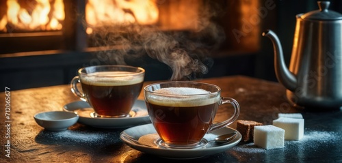  two cups of tea sit on a table with marshmallows and a teapot in front of a fire burning in the fireplace in a dark wood - burning room.