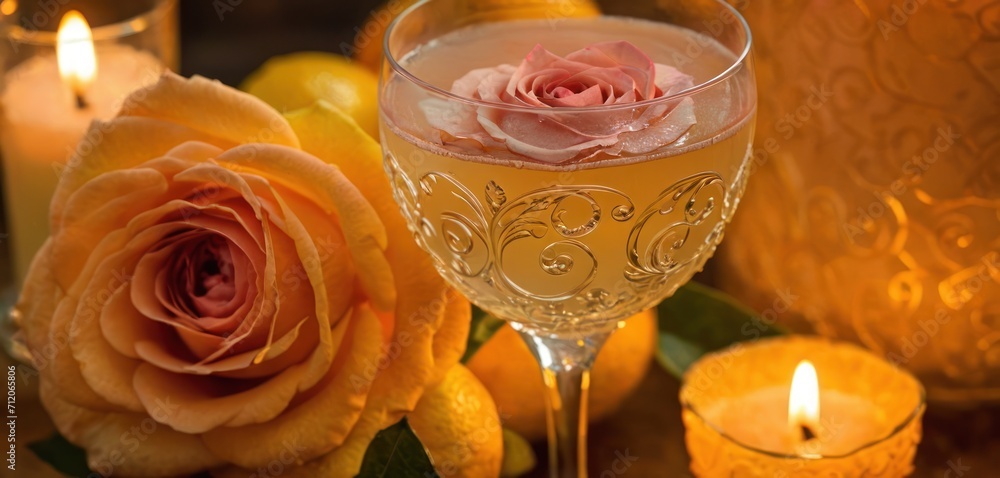 a close up of a wine glass with a rose in it next to a candle and some lemons and a vase with a rose on the side of the glass. a close up of a wine glass with a rose in it next to a candle and some lemons and a vase with a rose on the side of the glass.
