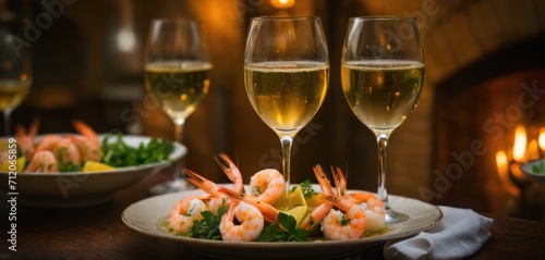  a close up of a plate of food with shrimp and a glass of wine in front of a fire place with two glasses of wine and a plate of food on a table.