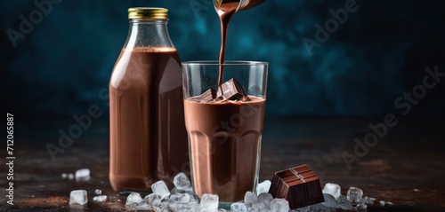  a chocolate drink being poured into a glass next to a bottle of milk and a bottle of chocolate on ice cubes on a dark surface with a dark background. photo