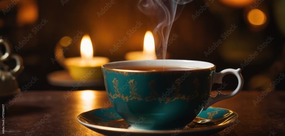 a steaming cup of tea sits on a saucer with a lit candle in the background in the background is a lit teacup and a teacup with a candle in the foreground. a steaming cup of tea sits on a saucer with a lit candle in the background in the background is a lit teacup and a teacup with a candle in the foreground.