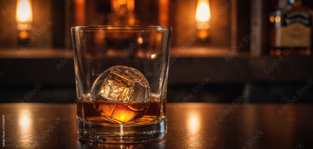  a glass of whiskey with ice cubes on a table in front of a bottle of whiskey in a dimly lit room with a fireplace in the backround.