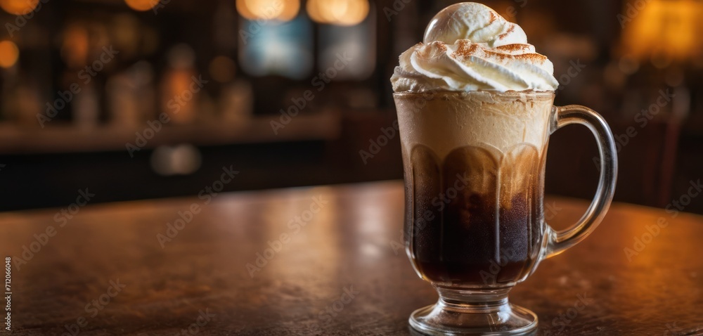 a close up of a cup of coffee on a table with a blurry background of a bar and a bar in the backgrouch of the background. a close up of a cup of coffee on a table with a blurry background of a bar and a bar in the backgrouch of the background.