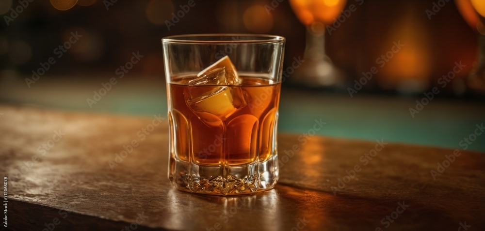  a glass of whiskey sitting on top of a wooden table next to a glass filled with ice and a slice of orange on top of the glass is on the table.
