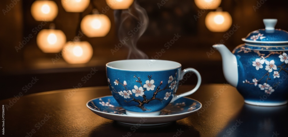a cup and saucer sitting on a table next to a teapot with a flower painted on it and a lit up light bulb behind the tea light in the background. a cup and saucer sitting on a table next to a teapot with a flower painted on it and a lit up light bulb behind the tea light in the background.