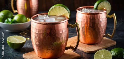  two copper mugs filled with ice and limes on a cutting board next to a bowl of limes and a bowl of limes on a wooden cutting board.
