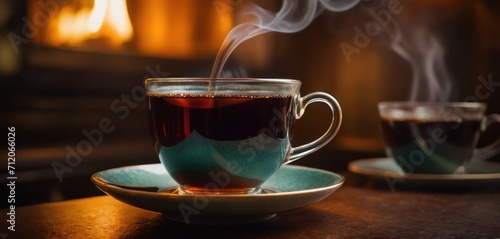  a cup of tea sitting on top of a saucer next to a plate with a cup of tea on it and steam rising from the top of the cup.