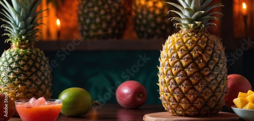  a pineapple sitting on top of a wooden table next to a bowl of fruit next to a bowl of oranges and a bowl of guacamole.