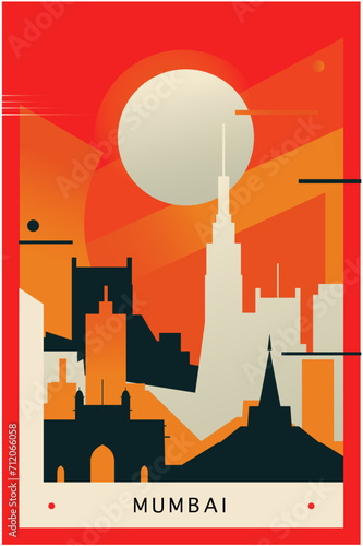 Mumbai city brutalism poster with abstract skyline, cityscape retro vector illustration. India, Maharashtra state travel front cover, brochure, flyer, leaflet, business presentation template image