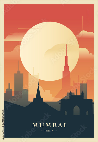 Mumbai city brutalism poster with abstract skyline, cityscape retro vector illustration. India, Maharashtra state travel front cover, brochure, flyer, leaflet, business presentation template image
