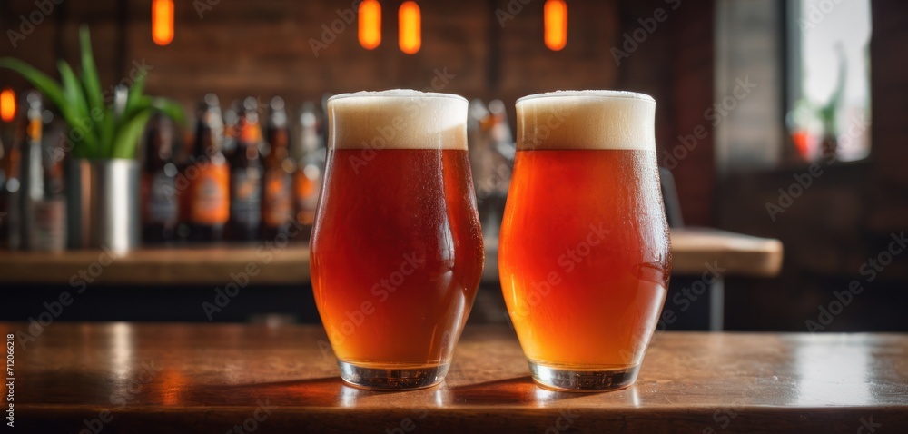 a close up of two glasses of beer on a table in front of a bar with bottles of beer on the wall and a potted plant in the background. a close up of two glasses of beer on a table in front of a bar with bottles of beer on the wall and a potted plant in the background.