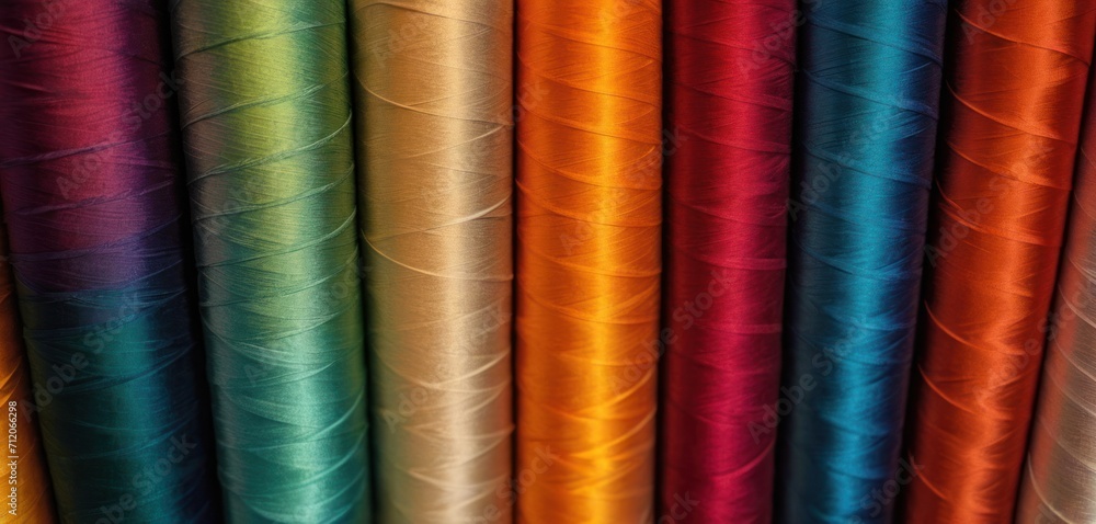 a row of multicolored spools of thread sitting on top of each other in a row on top of a wooden table next to another row of spools of spools of multicolored spools. a row of multicolored spools of thread sitting on top of each other in a row on top of a wooden table next to another row of spools of spools of multicolored spools.