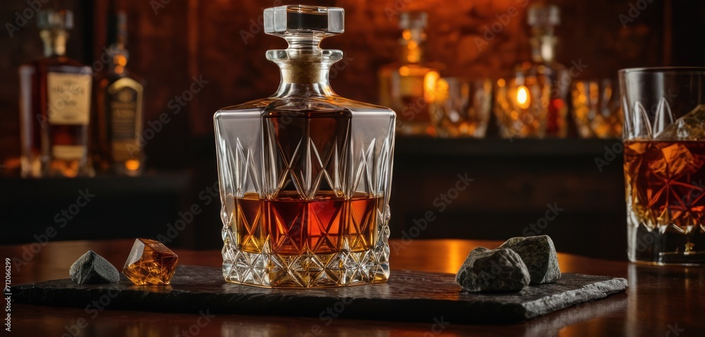  a bottle of whiskey sitting on top of a wooden table next to two rocks and a glass of whiskey on top of a wooden table next to a bottle of rocks.
