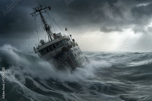 Vessel ruined. Intense tempest on ocean. Generative AI