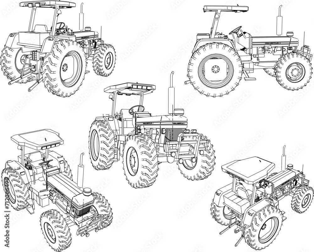 Vector sketch illustration of the design of a heavy equipment tractor vehicle for cultivating agricultural land