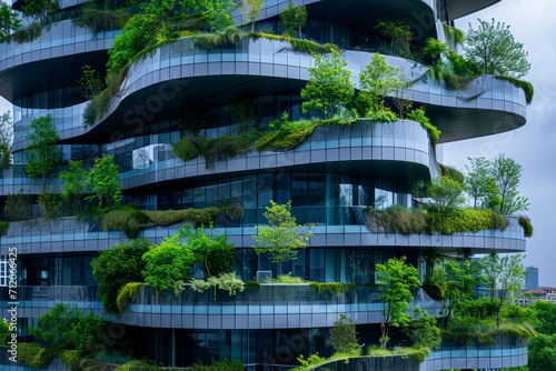 green plants are growing in the trees on the balconies of a modern building, in the style of futuristic cityscapes, contemporary glass, rounded