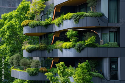 green plants are growing in the trees on the balconies of a modern building, in the style of futuristic cityscapes, contemporary glass, rounded