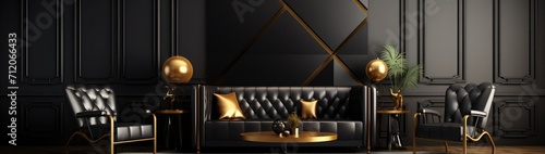 Modern living room interior design with black leather armchair and gold decoration 3d render 3d illustration
