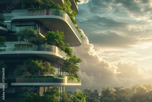 Canvas Print green plants are growing in the trees on the balconies of a modern building, in