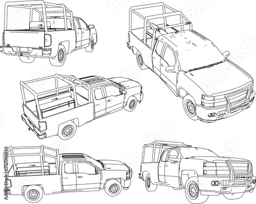 Vector sketch illustration of the design of a pickup car modified to carry passengers