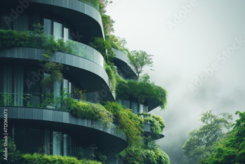 green plants are growing in the trees on the balconies of a modern building, in the style of futuristic cityscapes, contemporary glass, rounded