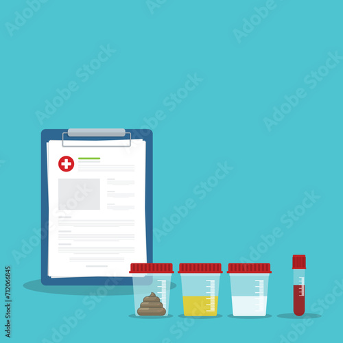 Urine  stool  sperm and blood analysis. Urine  stool  sperm and blood test icon. Medical analysis laboratory test. Medical samples in a plastic box and medical clipboard. 