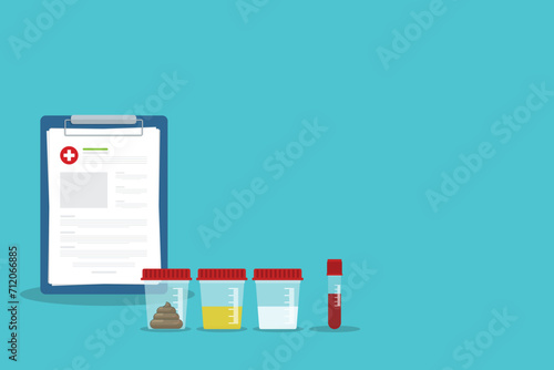 Urine, stool, sperm and blood analysis. Urine, stool, sperm and blood test icon. Medical analysis laboratory test. Medical samples in a plastic box and medical clipboard.	