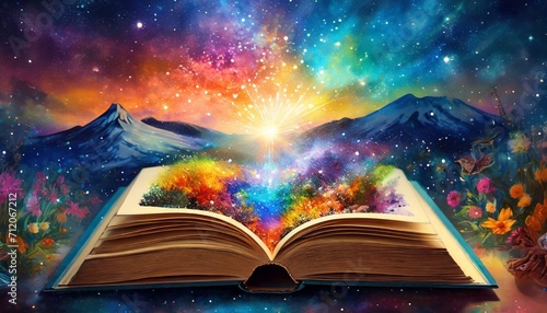 magic book with magic lights.an open book titled "The Universe Unfolds," with each page unfolding into a unique dreamscape. Utilize a whimsical color palette and intricate details to convey the magica