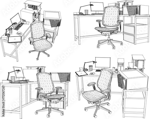 Vector sketch illustration of the interior design of a guy's work desk