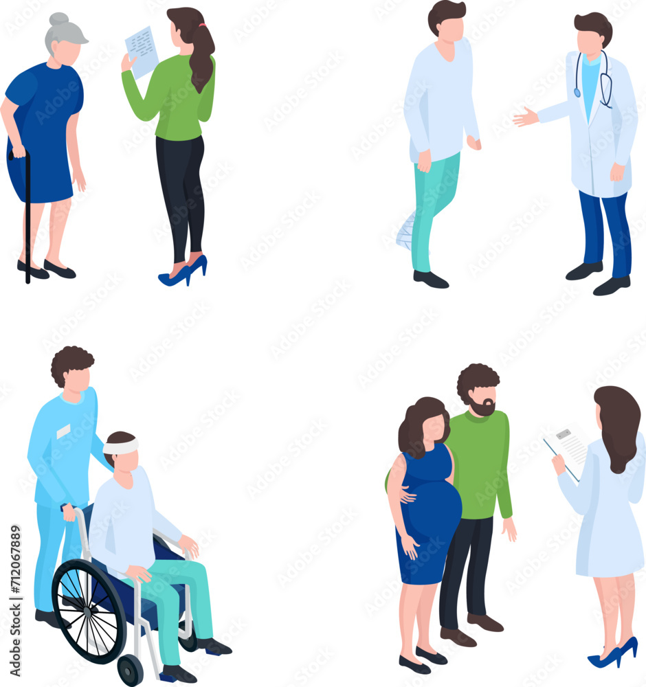 Fototapeta premium Elderly woman reading, patient talking to doctor, caregiver with senior man in wheelchair, pregnant couple with doctor. Medical consultation, healthcare settings vector illustration.