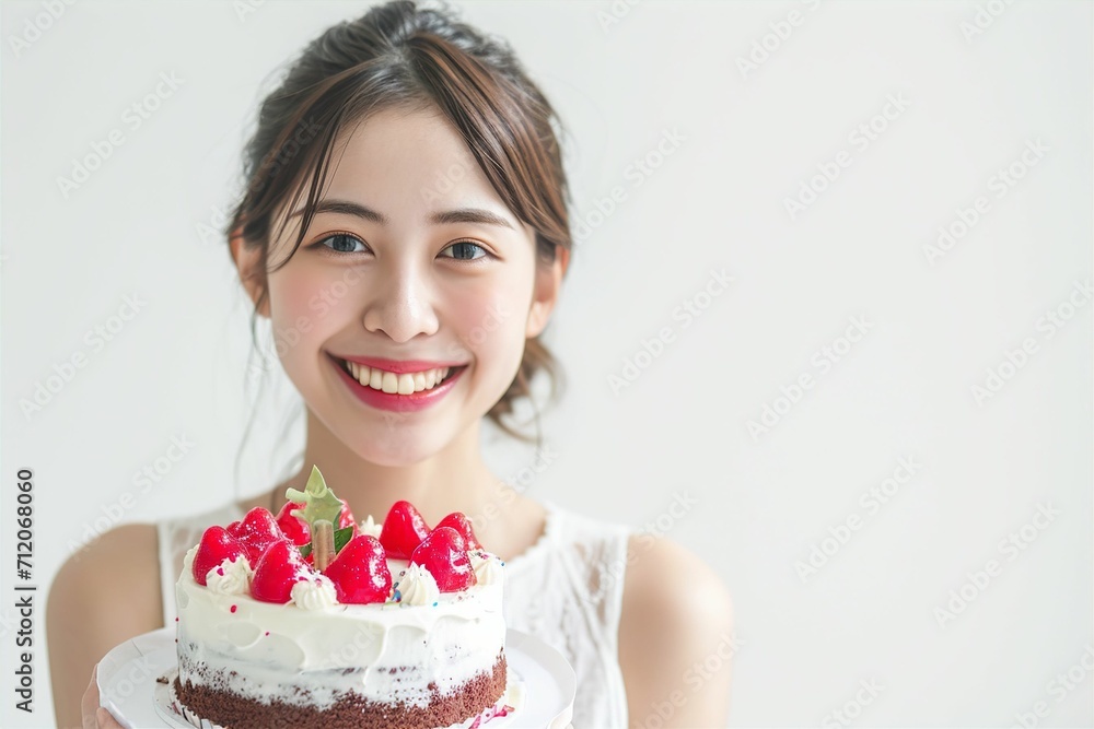 ケーキを手に笑顔で幸せそうな日本人女性(誕生日・お祝い・記念日) ケーキを手に笑顔で幸せそうな日本人女性(誕生日・お祝い・記念日)