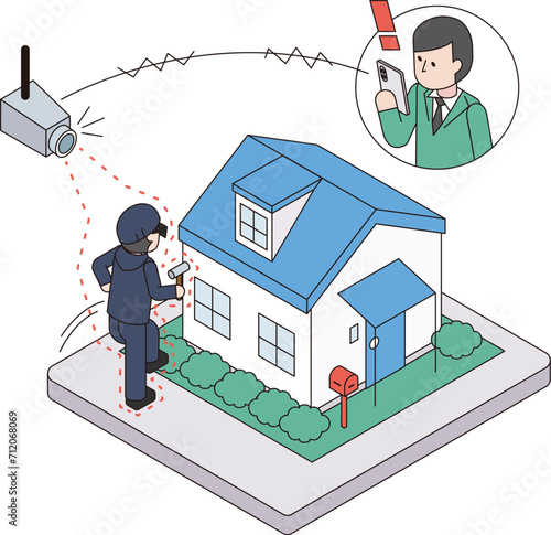 不審者を監視カメラを使って感知し通知を受信した家主のアイソメイラスト